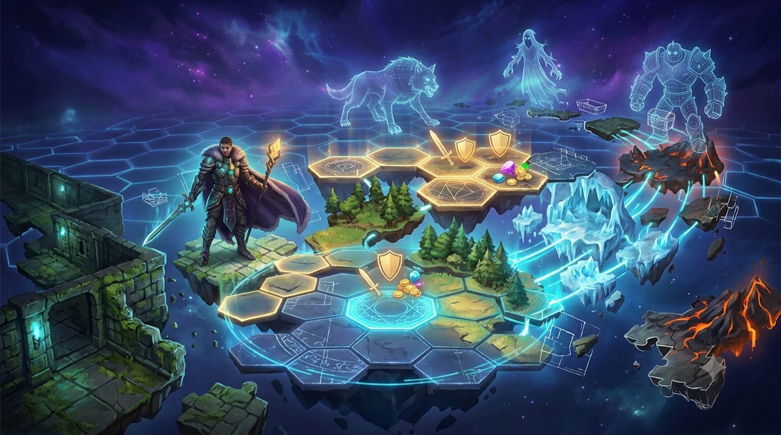 A generative MMO sandbox assembling maps, monsters, and mechanics from reusable pieces